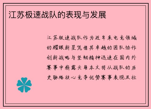 江苏极速战队的表现与发展