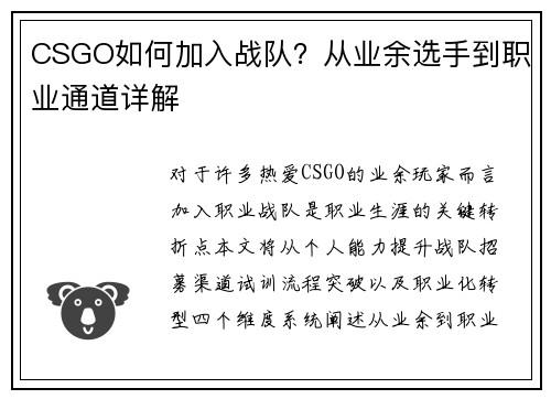 CSGO如何加入战队？从业余选手到职业通道详解