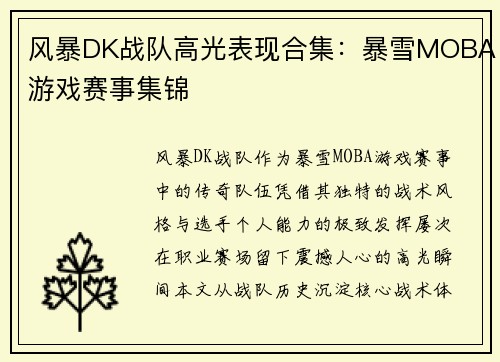 风暴DK战队高光表现合集：暴雪MOBA游戏赛事集锦